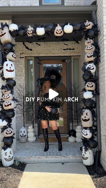 Kristin Miller | Creator | Dallas, TX on Instagram: "DIY Pumpkin Arch for Halloween🎃Comment “tutorial” to get links you need to make this sent directly to your DMs! Details below on how we built our halloween pumpkin arch for our porch this year! Follow along to see how I update the arch this year + head to @malloryleerichardson page to see how she styled hers! Share & share with a halloween-loving friend✨  Supplies for the arch: * (3) 10 ft. 1-inch PVC pipes * (2) PVC elbows to secure the PVC together * (2) 4-ft. rebar * zipties   Paint colors used: * French beige, Rust-Oleum * Semi-gloss white, Rust-Oleum  Once your frame is built and secure, drill 2 holes in the back of each pumpkin. Thread your ziptie through and secure them to your PVC pipe. Add your garland and lights! Inspo: @steph Pvc Pipe Arch Diy, Diy Halloween Pillars, Diy Pumpkin Arch, Halloween Archway Diy, Pumpkin Arch, Arch Entryway, Macy Blackwell, Pvc Pipes, Halloween Decorating