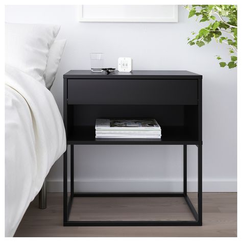 VIKHAMMER Bedside table Black 60x39 cm - IKEA Black Bedside, Black Nightstand, Black Bedside Table, Прикроватные Тумбочки, Ikea Bedroom, Traditional Bedroom Decor, Bedside Tables, Decorating On A Budget, My New Room