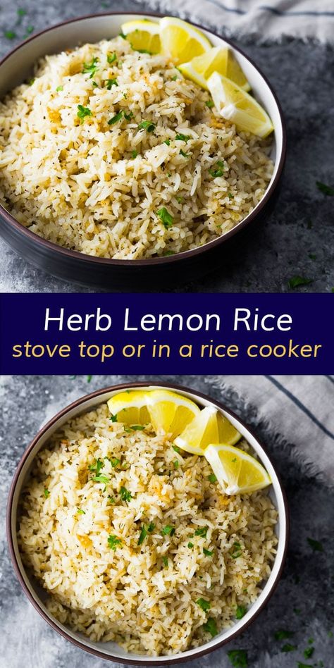 Garlic Herb Rice Recipe, Savoury Rice Recipe, Lemon Rice Recipe, Herbed Rice, Jasmine Rice Recipes, Greek Lemon Rice, Basmati Rice Recipes, Rice Side Dish Recipes, Fluffy Rice