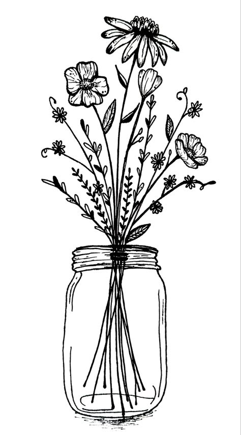 Drawing of Wildflowers inside a clear mason jar Mason Jar Tattoo, Wildflower Drawing, Sharpie Drawings, Pen And Ink Drawings, Freehand Drawing, Wildflower Tattoo, Fine Point Pens, Lino Art, Birth Flower Tattoos