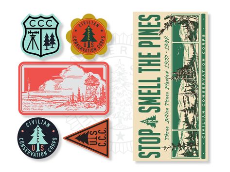 Celebrating the Civilian Conservation Corps. Five classic CCC stickers + "Stop and Smell The Pines" bumper sticker. Outdoor rated, premium 3M material. Made in the USA. Unless purchased with other items, stickers are shipped safely in a recyclable rigid paperboard package with tracking. In one of our Nation's most difficult periods, a group of men whose numbers ranked over three million left their homes and began an adventure across our great land. They were poor, mostly uneducated and many were hungry. Yet, what they didn't lack was a capacity for hard work. These men re-shaped the landscape of our country. By planting nearly three billion trees, reducing a growing soil erosion problem and building structures in our state and national parks, they would allow Americans to enjoy our country Conservation Corps, Three Million, Civilian Conservation Corps, Vintage Rv, The Pines, Die Cut Stickers, Us History, Bumper Sticker, Cartoon Illustration