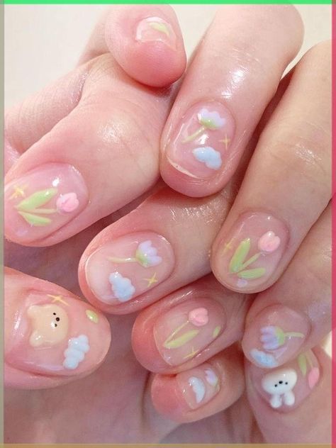 Cute Nail Designs Asian, Short Nail Designs Jelly, Fun Nail Designs For Short Nails, Cute Korean Gel Nails, Korean Nails Short Jelly, Korean Nail Art Aesthetic Summer, Korean Flower Nails, Korean Jelly Nails Designs, Korean Nail Art Simple Cute