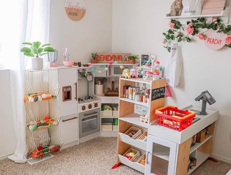 Toy Room Kitchen Ideas, Playroom Ideas With Kitchen, Playroom Shop Ideas, Kitchen In Playroom, Playroom With Grocery Store, Play Kitchen And Market, Playroom Kitchen And Market, Play Kitchen Ideas Playrooms, Playroom And Dining Room Combo