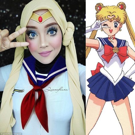 Iconic Cartoon Characters, Sailor Moon Makeup, Iconic Cartoon, Hijab Makeup, Princess Fiona, Disney Makeup, Anime Muslim, Head Scarf Styles, Disney Princesses