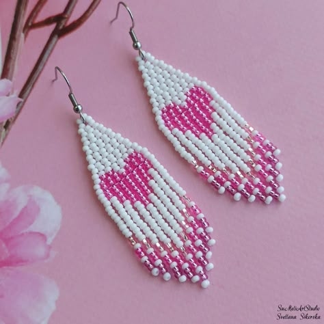 Valentine Bead Earrings Romantic Seed Bead Earrings Dangle - Etsy Canada Seed Bead Heart Earrings, Short Beaded Earrings, Pink Seed Bead Earrings, Valentines Beaded Earrings, How To Bead Earrings, How To Make Seed Bead Earrings, How To Make Beaded Earrings Tutorials, Seed Bead Patterns Free Earrings, Seed Bead Earrings Patterns