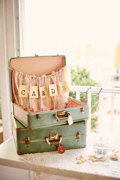 wedding cards suitcase cards holder  #weddings #vintageweddings #weddingideas #weddinginspiration Wedding Card Suitcase, Vintage Suitcase Wedding, Travel Theme Bridal Shower, Travel Bridal Showers, Chic Bridal Showers, Yosemite Wedding, Vintage Bridal Shower, Vintage Suitcases, Wedding Card Holder