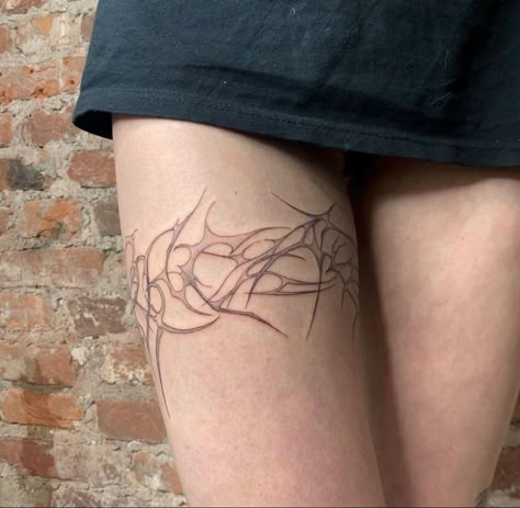 (@/olyaglotova) on ig thigh tattoo Thigh Tattoos Wrap Around, Thigh Tattoo Aesthetic, Upper Thigh Wrap Around Tattoo, Knee Framing Tattoo, Thigh Wrap Around Tattoo, Upper Thigh Tattoo, Thigh Tattoo Simple, Y2k Pictures, Stocking Tattoo