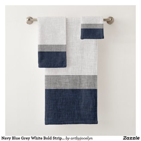 Navy Blue Grey White Bold Stripe Crosshatch Bath Towel Set Neutral Bath Towels, Navy Blue Bathroom Decor, Neutral Bath, Navy Bathroom Decor, Navy Blue Bathrooms, Navy Bathroom, Gray Bathroom Decor, Blue Bathroom Decor, Patterned Bath Towels