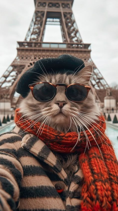 Cats In Paris, Cat Photography Ideas, Cat With A Hat, French Cat, Travel Cat, Photography Ideas At Home, Cat Selfie, Silly Cats Pictures, 4 Images