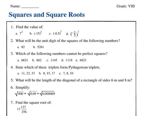 Natural Number, Square Roots, Class 8, Perfect Squares, Math Worksheet, Word Problems, Printable Worksheets, Square