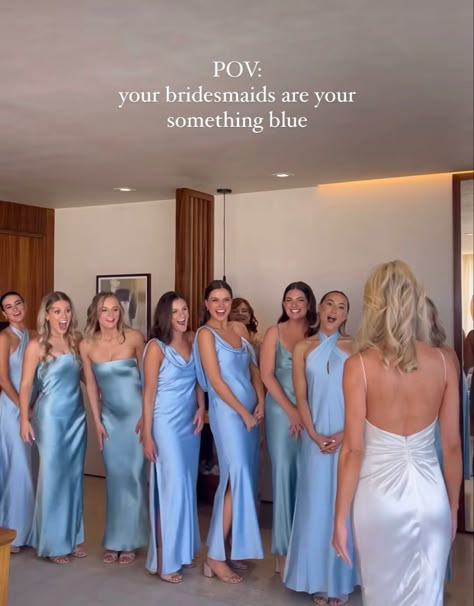 Shades Of Blue Satin Bridesmaid Dresses, Aesthetic Wedding Bridesmaid Dresses, Something Blue Wedding Bridesmaids, Blue Made Of Honor Dress, Blue Tone Bridesmaid Dresses, Wedding Dresses Coastal, Bridesmaids As Something Blue, Something Blue Bridesmaid Dress, Baby Blue Wedding Bridesmaid Dress