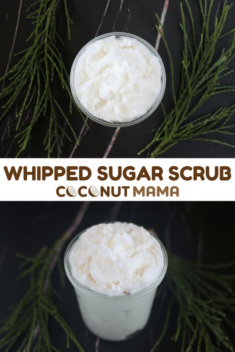 This whipped sugar scrub combines the whipped body butter with exfoliating sugar to create a soft body scrub that melts on your skin. Coconut Body Scrub Diy, Coconut Sugar Scrub Recipe, Diy Lotions, Coconut Oil Sugar Scrub, Whipped Coconut Oil, Coconut Sugar Scrub, Coconut Oil Body Scrub, Diy Sugar Scrub Recipe, Coconut Body Scrubs