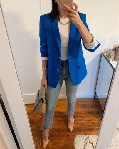 Outfit Blazer Blu, Blue Blazer Outfits For Women, Long Blazer Outfit, Blue Jacket Style, Fall Outfits Inspiration, Fashion Blazer Outfits, Blue Blazer Outfit, Style Fall Outfits, Royal Blue Outfits