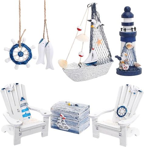 Amazon.com: 7 Pieces Wooden Box Wooden Lighthouse Mini Sailboat Anchor Wooden Fish Hanging Starfish Model Christmas Tree Ornament Decoration Aquarium Decor Landscape Tank Ornament Office Mini Garden Landscape : Home & Kitchen Nautical Theme Party Decorations, Lighthouse Christmas, Mediterranean Style Decor, Wooden Lighthouse, Nautical Ornaments, Sailboat Decor, Lighthouse Decor, Nautical Themed Party, Model Sailboat