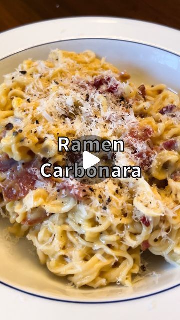 Reid Quiggins on Instagram: "Ramen Carbonara… The Next Big Food Trend of 2024? Recipe (single serving) ▫️1 egg ▫️1 egg yolk ▫️1/4 cup grated parmesan ▫️Fresh cracked pepper ▫️1 packet instant ramen noodles ▫️2 slices of bacon, chopped fine ▫️1 tsp olive oil Method Discard flavor packet and prepare ramen noodles according to package instructions, reserving 1/4 cup of water. Toss in olive oil to prevent from sticking. In a pan, heat olive oil over medium-low heat and cook bacon slowly to render out fat until brown and crispy. Mix egg and Parmesan mixture in a bowl and add to pan along with noodles over lowest heat. Mix vigorously, adding in a splash or two of pasta water, until sauce becomes thicker and coats the noodles. Immediately remove from heat and top with cracked pepper ✒️ Reid Ramen Carbonara, Big Food, Ramen Noodle Recipes, Instant Ramen, Cracked Pepper, Single Serving, Big Meals, Retro Recipes, Egg Noodles