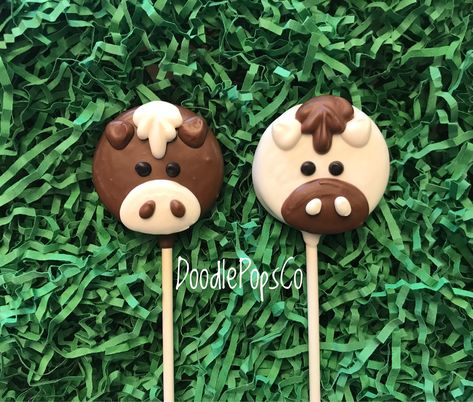 Cute little cookie pops made just for you! Includes one dozen horse pops. You will get 6 of each color shown. They can be made in other colors if needed. They will be individually wrapped with cello bags & tied with matching ribbon. Please give the date that you will need your order. They will be made & shipped closer to your party date. They should be shipped at a location where someone will be there to receive them so they aren't out in the heat/sun. Insulated box liners & ice pack Farm Baby Shower Theme, Cow Birthday Cake, Spirit Birthday, Oreo Cookie Pops, Ocean Isle Beach Nc, Horse Cookies, Farm Baby Shower, Farm Animals Birthday Party, Rodeo Birthday