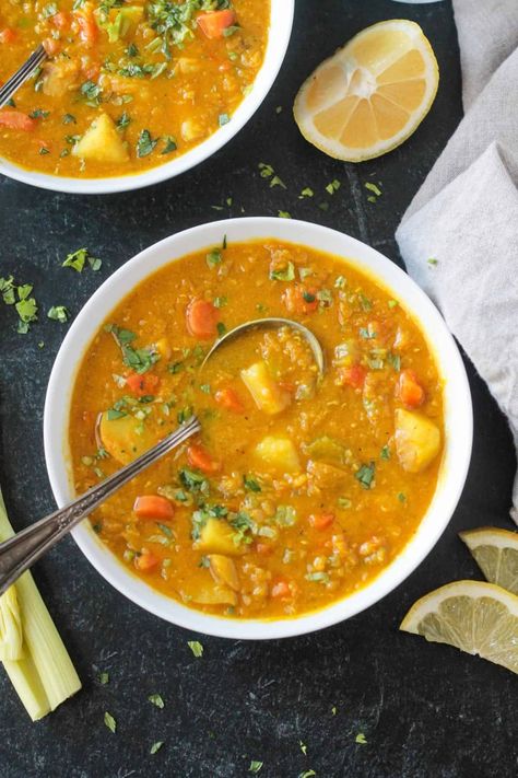 Red Lentil Potato Soup - Veggie Inspired Potato And Red Lentil Soup, Red Lentil Sweet Potato Soup, Red Lentil Vegetable Soup, Red Lentil Sweet Potato, Carrot Potato Soup, Soup Veggie, Lentil Potato, Lentil Sweet Potato, Lentil Potato Soup