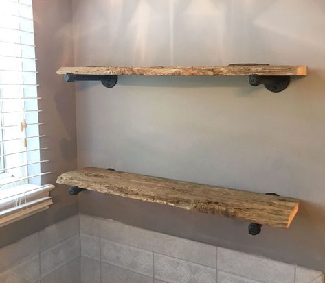 How to Build DIY Rustic Industrial Shelves From Reclaimed Barnwood Industrial Shelves, Barnwood Shelves, Barn Wood Decor, Rustic Wooden Shelves, Reclaimed Wood Shelves, Barn Wood Projects, Bathroom Red, Rustic Bathroom Decor, Industrial Shelving