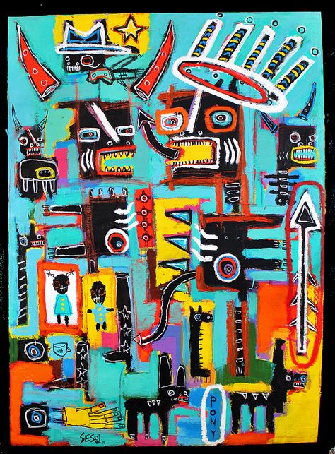 "Cowboy and Indian (with pony unity)":  on canvas by Matt Sesow new.sesow.com Matt Sesow, Cowboy And Indian, Jm Basquiat, Jean Michel Basquiat Art, Basquiat Paintings, Basquiat Art, Michel Basquiat, Jean Michel Basquiat, Tableau Art