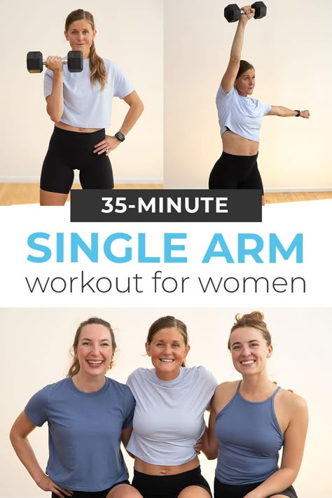 Build strong arms and a sculpted core with this Arm Day unilateral workout! This upper body workout focuses on one arm at a time, allowing you to isolate each muscle and prevent muscle imbalances. This workout targets the biceps, triceps, chest, shoulders, back and core in around 30 minutes. One Arm Workouts, Single Dumbbell Arm Workout, Unilateral Workout, Workout For Strong Arms, Mom Exercise, Workout Arms, Circuit Workouts, Bicep And Tricep Workout, Dumbbell Workouts