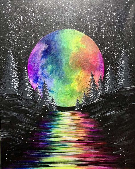 Painting And Sip Ideas, Abstract Moon Painting, Rainbow Painting Ideas On Canvas, Rainbow Painting Canvases, Paint Night Ideas Easy, Sip And Paint Ideas For Beginners, Abstract Rainbow Painting, Paint And Sip Ideas, Painting Parties