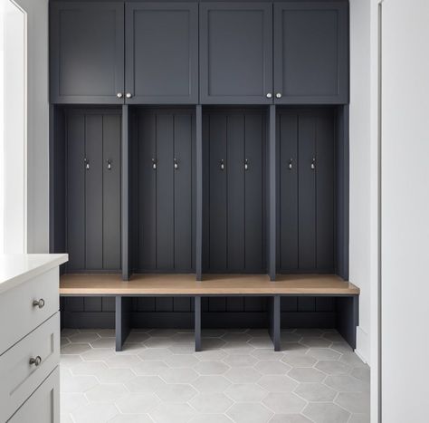 Colored Mudroom Lockers, Black Cubbies Mudroom, Mudroom Sliding Door, Mudroom Locker Width, Garage Locker Ideas, Mudroom Built Ins, Black Mudroom, Built In Cubby, Mudroom Cabinetry