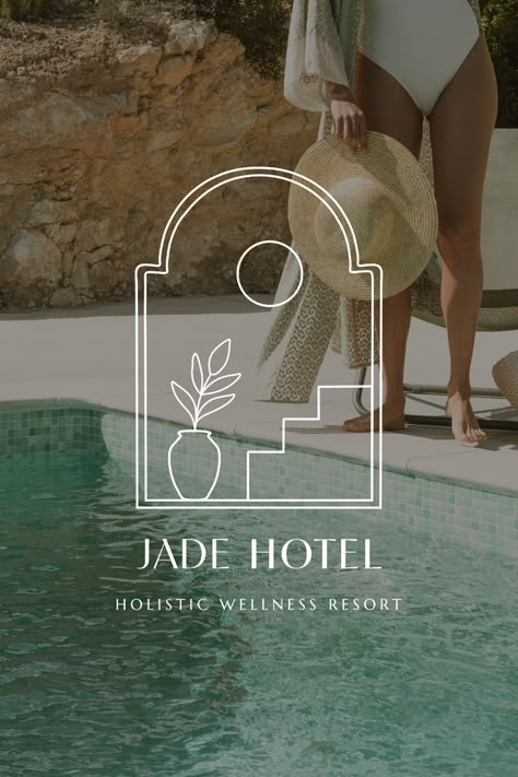 Jade Hotel is a mediterranean-inspired holistic wellness resort where you can relax and recharge. They wanted an updated brand identity that was elevated and inviting. This logo variation showcases mediterranean architecture with the unique shape of the arch, while the text conveys elegance and simplicity. Relax Logo Ideas, Hotel Logo Design Ideas, Mediterranean Branding, Mediterranean Logo, Resort Brand Identity, Wellness Brand Identity, Coastal Branding, Hotel Brand Identity, Resort Logo Design