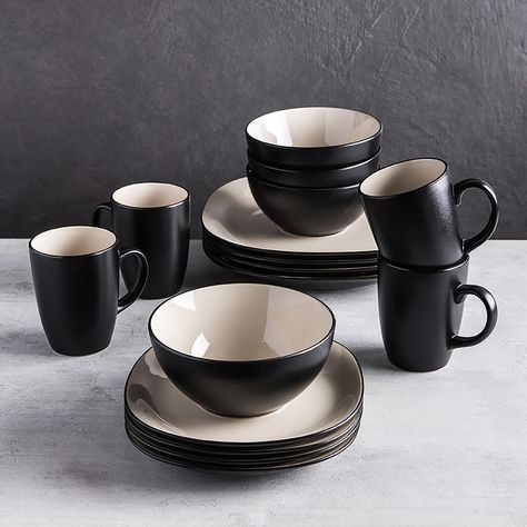 Stoneware Dinner Sets, Clean Drink, Pottery Dinnerware, Black Dinnerware, Black Dinner, Formal Dining Set, Ceramic Dinnerware Set, Stoneware Dinnerware Sets, Kitchen Ware