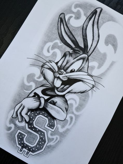 Bugs Bunny Drawing, Realistic Tattoo Sleeve, Gangsta Tattoos, Chicano Style Tattoo, Bunny Tattoos, Chicano Tattoo, Cartoon Character Tattoos, Chicano Art Tattoos, Alien Tattoo