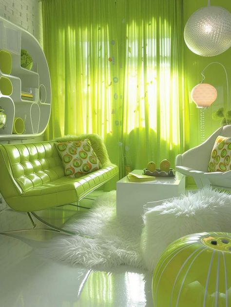 Neon Green Room, Lime Green Couch, Lime Green Wall, 1960s Interior, Lime Green Walls, Futuristic House, Blue Ombre Hair, Cool Old Cars, Bedroom Redesign