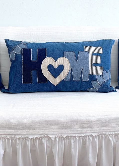 Handmade Blue Denim King Size Throw Pillow Cover with Raw Edge “HOME” Applique. Great for accenting the bed or couch. Denim Pillow Covers, Applique Cushions Ideas, Denim Applique Ideas, Applique Pillows Ideas, Denim Pillows Diy Recycle Jeans, Denim Cushions, Denim Pillows, Sewing Pillows Ideas, Lakewood California