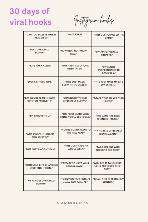 If you are not capturing attention, you are simply playing a losing game. If you scroll through Instagram reels, for you page and the Instagram Explore page, you'll notice a trend in the best performing content... They all have an attention grabbing hook that reels you in. Here are some hooks to try on your next post. attention-grabbing hooks, caption hooks. reels hooks, Instagram hooks, scroll-stopping hooks, viral reels ideas, viral Instagram ideas Viral Hook Ideas, Reel Title Ideas, Attention Grabbing Hooks, How To Post Instagram Photos, Hooks For Ig Reels, Trending Reels Ideas, Hook Lines For Instagram, Instagram Reel Content Ideas, What To Post On Threads