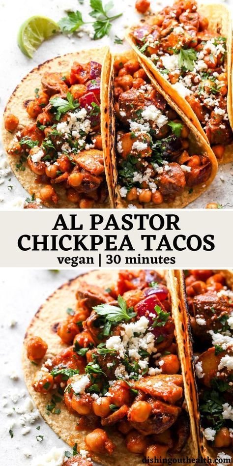 Al Pastor Chickpea Tacos (Vegan, 30 Minutes) | Recipe | Whole food recipes, Vegan mexican recipes, Vegetarian dishes Chickpea Taco Meat, Vegetarian Barrio Tacos, Vegan Mexican Meals, Healthy Vegan Mexican Recipes, Chickpea Tacos Recipes, Mexican Food Recipes Vegan, Non Red Meat Meals, Plant Based Mexican Recipes, Quick And Easy Vegan Dinner Recipes