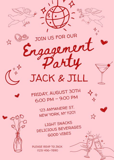 Grab this vibrant funky and unique engagement party invite! The colors, font, and imagery present a romantic and playful vibe with a light pink background and red accents, featuring elements like hearts, stars, a disco ball, a crescent moon, and a martini glass. It also uses a handwritten-style font that adds a personal touch. The digital file includes instructions for how to customize on Canva. 70s Engagement Party, Valentine Engagement Party, Lucky In Love Engagement Party, Engagement Party Disco, Red Engagement Party, Valentines Engagement Party, Engagement Party Invites, Unique Engagement Party, Engagement Party Vintage