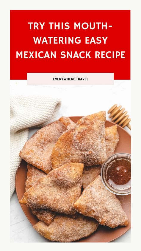 Cinnamon sugar-coated fried pastry triangles with honey dip on a plate. Mexican Appiterzers Easy Recipes, Mexican Party Recipes, Mexican Pastry, Mexican Churros, Mexican Rice Pudding, Hot Chocolate Ice Cream, Mexican Party Food, Mexican Pastries, Caramel Flan