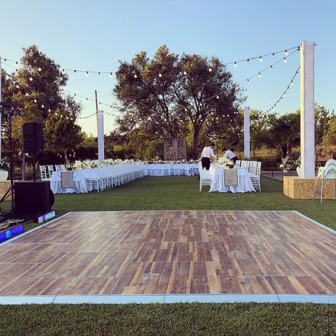 New style of vintage wood effect dance floors perfect for the long summer evening wedding parties. Field Wedding Decorations, Wood Dance Floor Wedding, Outdoor Wedding Dance Floor, Wood Dance Floor, Wooden Dance Floor, Summer Evening Wedding, Sangeet Stage, Wedding Lawn, Grandad Birthday