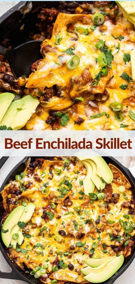 This ground beef enchilada skillet has all the flavor of classic beef enchiladas, but is made in one pan. This easy, family friendly dinner is full of Mexican flavors and ready to eat in less than 40 minutes! #enchiladas #groundbeef #beefenchiladas #Mexicanfood #easymeals #skilletrecipes #onepandinner #beefrecipes Beef Enchilada Skillet Recipe, Beef Enchilada Skillet, Runner Recipes, Recipe Runner, Enchilada Skillet, Easy Chicken Enchilada Recipe, Southwest Recipes, Ground Beef Enchiladas, Beef Enchilada