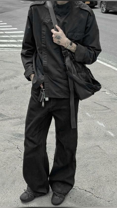 All black minimalistic street fashion for men and women
Black baggy Pants with asymmetric black jacket Evil Outfits Aesthetic, Alt Formal, Concept Clothing, Mens Outfit Inspiration, Cool Fits, Streetwear Men Outfits, Goth Outfits, Fashion Design Clothes, Edgy Outfits