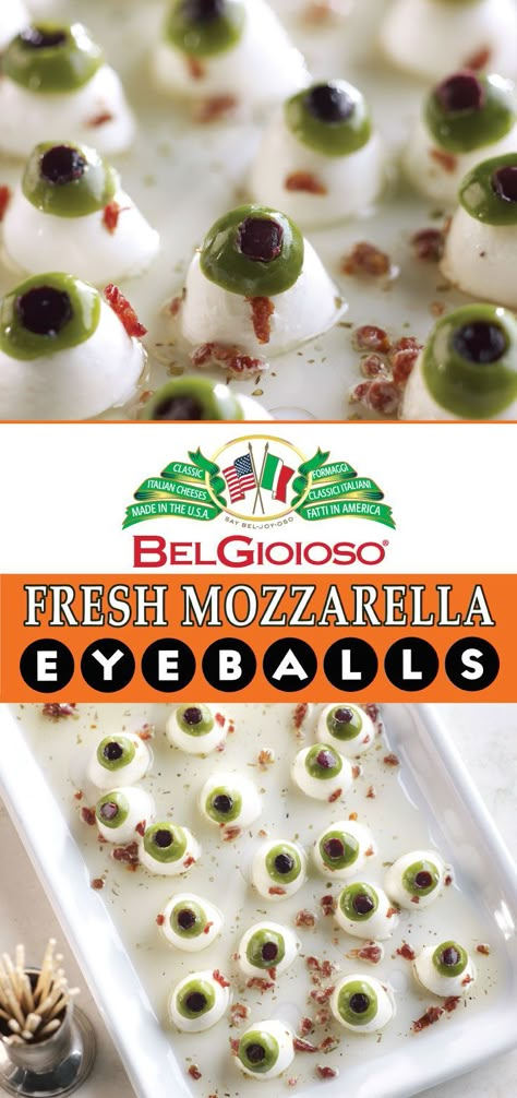 Fresh (and frightening) Mozzarella eyeballs are the perfect spooky appetizer for your Halloween party menu. Halloween Food Dip, Appetizers For Party Halloween, Orderves Appetizers Halloween, Finger Foods For Party Halloween, Halloween Party Meatballs, Mozzarella Eyeballs Halloween Party, Mozzarella Ball Eyeballs, Halloween Menu Ideas Dinner Parties, Spooky Menu Ideas