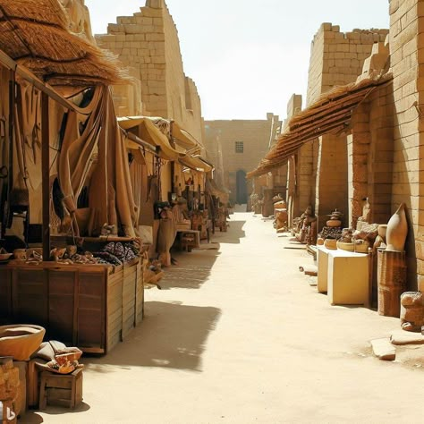 Ancient Egyptian Market Street Ancient Egypt Concept Art, Ancient Interior Design, Market Concept Art, Egypt Market, Egyptian Market, Great Pyramid Of Khufu, Game Level Design, Egypt Project, Egypt Concept Art