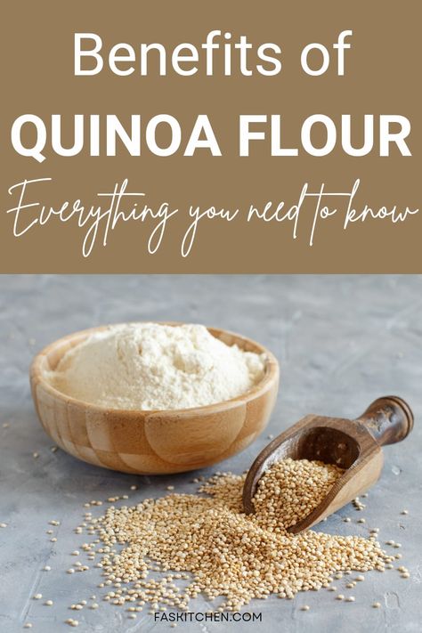 A close-up image of quinoa flour in a bowl with a wooden spoon, surrounded by quinoa grains. Quinoa Flour 101: Nutrition, Benefits, How To Use, Buy, Store | Quinoa Flour: A Complete Guide. What Is Quinoa, Quinoa Flour, Quinoa Seeds, Making Quinoa, Flour Substitute, Edible Seeds, Types Of Flour, Gluten Free Grains, Gluten Sensitivity