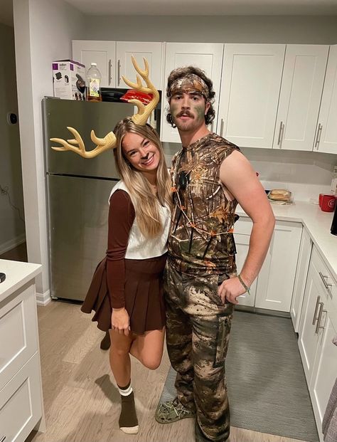 Dear And Hunter Couple Costume, Hunter And Dear Costume, Diy Deer Costume For Women, Dear Halloween Costume, Deer And Hunter Couples Costume, Deer And Hunter Costume, Hunter Halloween Costume, Bambi Costume, Deer And Hunter