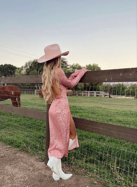 Country Western Dresses Party Wear, Western Satin Dress, Pink Dress And Boots Outfit, White Long Dress Formal Sparkle, Long Sleeve Dress Cowboy Boots, Sparkles Cowboy Boots, Texas Dress Outfits, Pink Dress Cowboy Boots Outfit, Formal Dress With Cowboy Hat