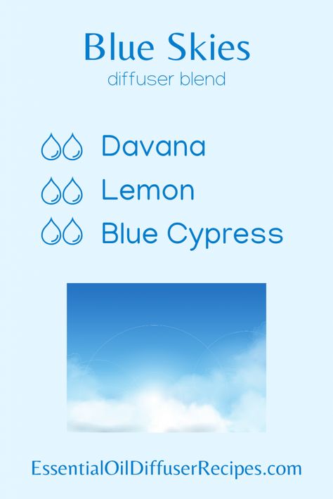 Brighten your day with the Blue Skies essential oil diffuser recipe. This blend combines sweet fruit and bright citrus notes with a crisp, woodsy aroma for an uplifting fragrance experience. The Blue Skies essential oil diffuser blend contains davana, lemon, and blue cypress essential oils. Blue Cypress, Cypress Essential Oil, Essential Oil Diffuser Recipes, Oil Diffuser Recipes, Essential Oil Blends Recipes, Essential Oil Mixes, Diffuser Blend, Diffuser Recipes, Oil Mix