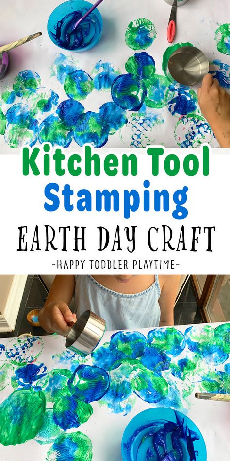 Kitchen Tool Stamping Earth Day Craft for Kids - HAPPY TODDLER PLAYTIME Earth Day Activities For Babies, Earth Day Eyfs Activities, Recycled Crafts Toddlers, Earth Day Activities For Infants, Earth Day Eyfs, Earth Day Gross Motor Activities, Environment Activities For Preschool, Earth Day Projects For Kids, Earth Day Recycle Projects