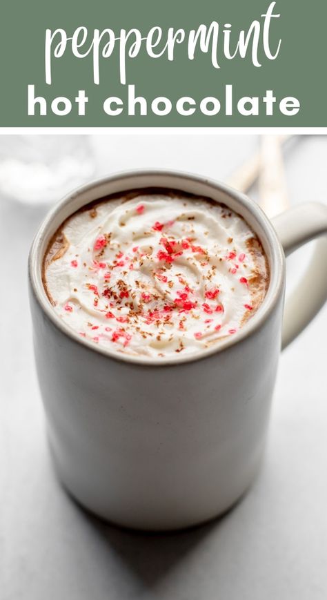 Rich, creamy homemade hot chocolate flavored with a hint of peppermint! You'll only need five ingredients to make this delicious holiday drink. #hotchocolate #peppermint Hot Chocolate Toppings, Peppermint Syrup, Peppermint Hot Chocolate, Holiday Drink, Holiday Dessert Recipes, Homemade Hot Chocolate, Chocolate Sprinkles, Holiday Dessert, Hot Chocolate Recipes