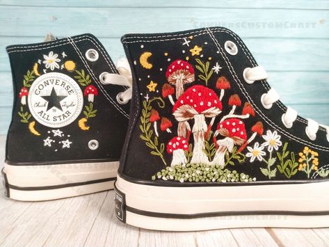 Embroidered Converse Mushroom and Frog, Converse High Tops Chuck Taylor Embroidered Frog & Mushroom, Mushrooms Embroidered Converse Custom - Etsy Converse Mushroom, Embroidered Frog, Converse Embroidery, Converse 1970s, Graduation Shoes, Embroidered Converse, Embroidery Shoes, Shoes Converse, Embroidered Shoes