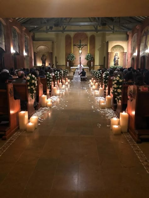 Wedding Alter Candles, Church Candles Wedding, Chapel Decorations Wedding, Church Wedding Decorations Elegant, Candles Down Ceremony Aisle, Flower Petals And Candles Wedding Aisle, Wedding Isle Candles, Petals And Candles Down Aisle, Candle Lite Wedding Ceremony