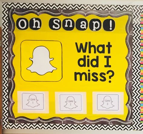 Missing Work/Absent Bulletin Board - Snapchat Theme Snapshot Bulletin Board, Science And Social Studies Bulletin Board, Funny Classroom Bulletin Boards, Snapchat Bulletin Board Ideas, Fun Bulletin Board Ideas Middle School, Missing Work Bulletin Board, Social Media Bulletin Board Ideas, September Bulletin Board Ideas High School, Social Media Themed Classroom