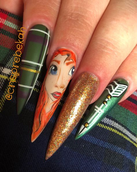 Brave Inspired Nail Art Disney Brave Nails, Merida Nails, Brave Nails, Braves Nails, Rebelle Disney, Disney Inspired Nails, Disney Brave, Disney Nails, Hand Painting